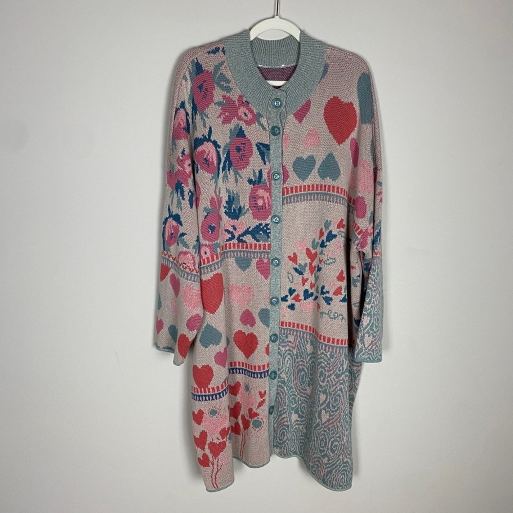 Coldwater Creek Heart Floral Knit Cardigan Longline Sweater Cottagecore Grandma